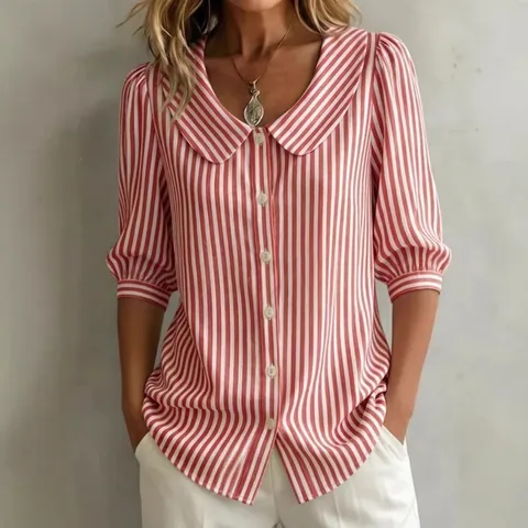 Women's Casual Striped Peter Pan Collar Blouse Top Half Sleeve Button Down Polyester Printed Shirt
