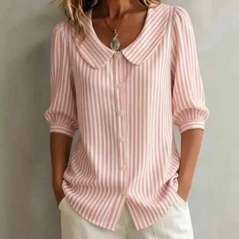 Women's Casual Striped Peter Pan Collar Blouse Top Half Sleeve Button Down Polyester Printed Shirt