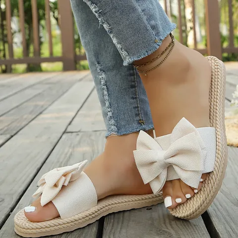 Women Casual Cotton Bowknot Flat Slippers Summer Lightweight Indoor Outdoor One-Strap Slides Round Toe Comfortable Home Shoes
