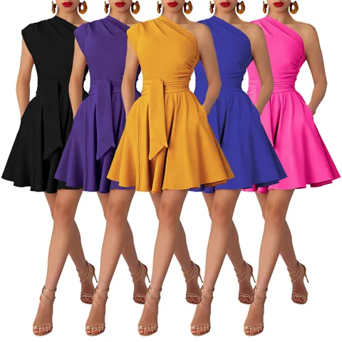 Women One Shoulder Slant Neck Belted Mini Dress Solid Color Pleated Sexy Slim Fit Sleeveless A-Line Party Dress