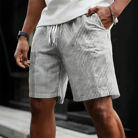 Men Casual Polyester Striped Shorts Summer Five-Point Pants Drawstring Elastic Waist Straight Leg Bottom Fashion Sporty Shorts