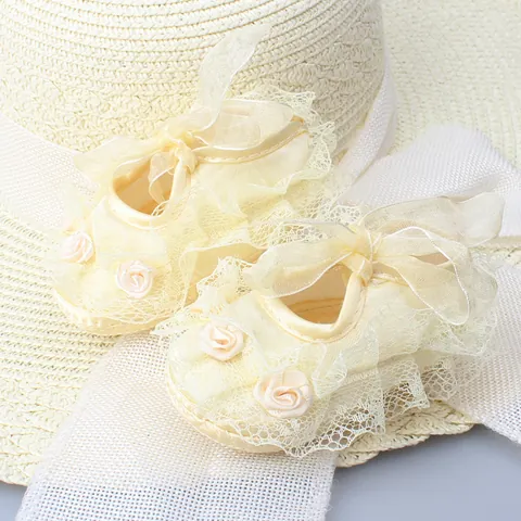 Infant Baby Girls Lace Princess Prewalker Shoes Satin Bow Flower Soft Sole Anti-Slip Wedding Birthday Party Shoes