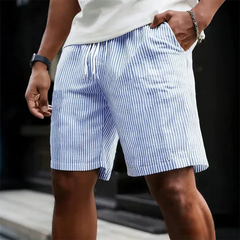 Men Casual Polyester Striped Shorts Summer Five-Point Pants Drawstring Elastic Waist Straight Leg Bottom Fashion Sporty Shorts