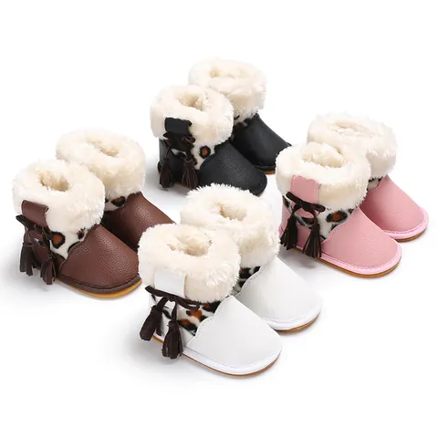Baby Mädchen Winter Warme Stiefel Leopardenmuster Künstliches PU Leder Weiche Sohle Lauflernschuhe Mit Quasten Schleife