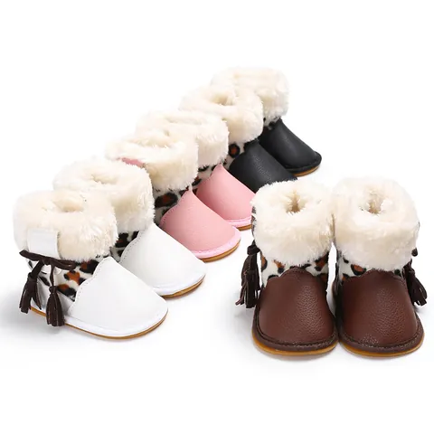 Baby Mädchen Winter Warme Stiefel Leopardenmuster Künstliches PU Leder Weiche Sohle Lauflernschuhe Mit Quasten Schleife