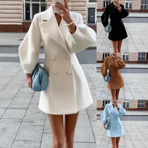 Women Retro Court Style Woolen Coat Lantern Sleeve Double Breasted Short Trench Coat Elegant Lapel Fall Winter Outerwear Jacket