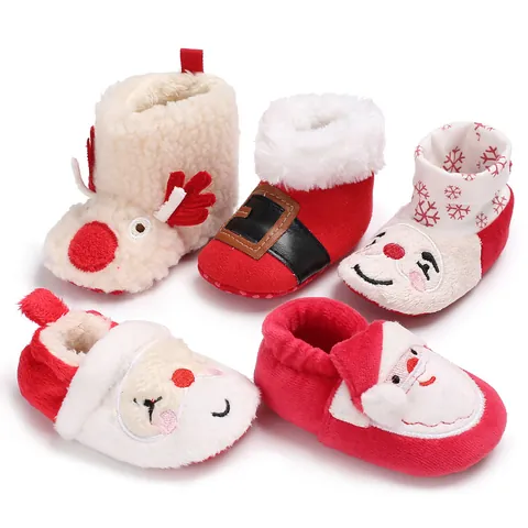 Baby Christmas First Walker Shoes Infant Toddler Winter Warm Soft Sole Anti-Slip Indoor Floor Socks Santa Claus Reindeer Newborn Booties Xmas Gift