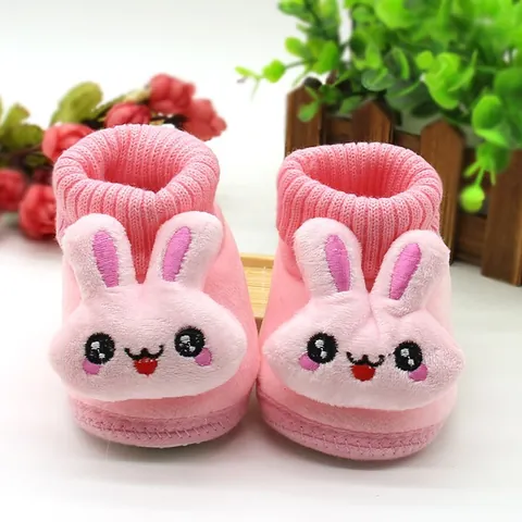 Cute 3D Cartoon Rabbit Baby First Walker Shoes Soft Coral Fleece Polar Fleece Warm Anti-Slip Toddler Infant Cotton Shoes