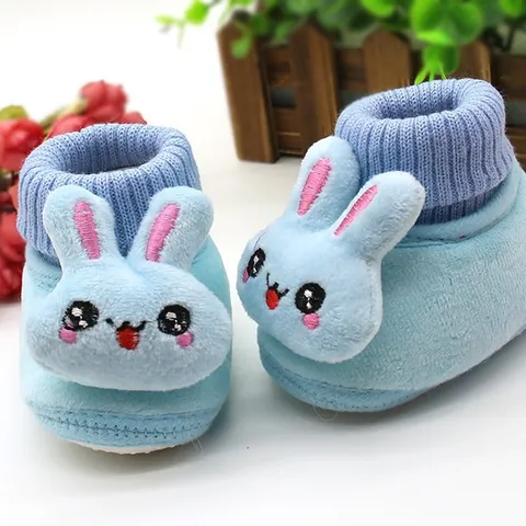 Cute 3D Cartoon Rabbit Baby First Walker Shoes Soft Coral Fleece Polar Fleece Warm Anti-Slip Toddler Infant Cotton Shoes