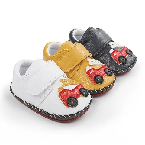 Chaussures Premier Pas Bébé Camion de Pompiers Dessin Animé Cousues Main en Cuir PU Antidérapant Semelle Souple Enfants