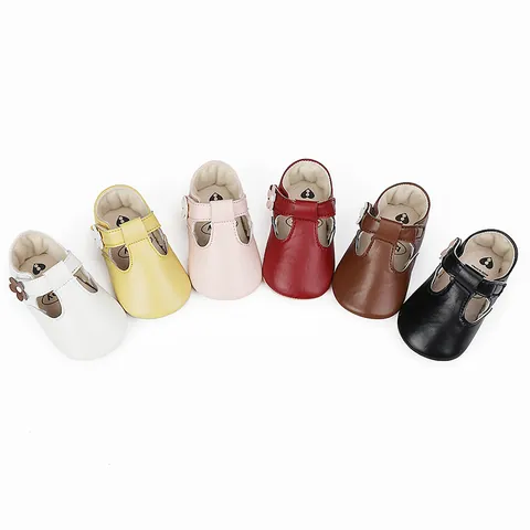 Baby Girls Flower Mary Jane Prewalker Shoes Man-made PU Soft Sole T-strap Magic Tape Princess Infant Walking Shoes