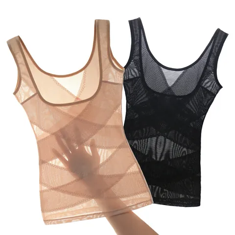 Women Ultra Thin Seamless Shapewear Vest U-Neck Tummy Control Waist Trainer Postpartum Body Shaper Nylon Mesh Corset Top