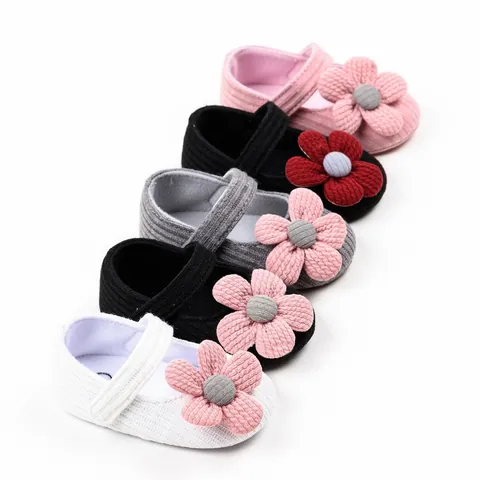 Baby Girl Princess Shoes Soft Sole First Walkers Canvas Flower Bow Knitted Design Infant Toddler Anti-slip Autumn Shoes
