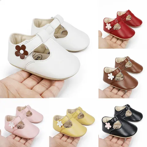 Baby Girl Mary Jane Shoes Infant Princess T-Strap Soft Sole Prewalker Shoes With Flower Anti-Slip Rubber Sole First Walkers