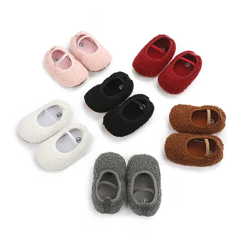 Infant Baby Girl Teddy Fleece First Walker Shoes Soft Sole Non-slip Toddler Princess Mary Jane Shoes For Spring Winter