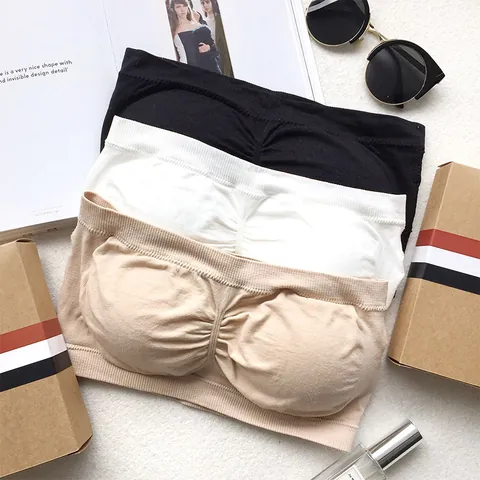 Women Seamless Bandeau Bra Strapless Bandeau Top With Removable Pads Ribbed Stretchy Comfortable Underwear For Daily Wearing