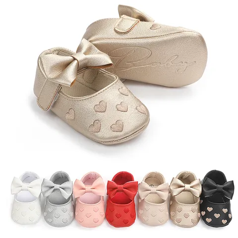 Baby Girl Princess First Walker Shoes Soft Sole PU Leather Bow Heart Embroidery Infant Toddler Crib Shoes