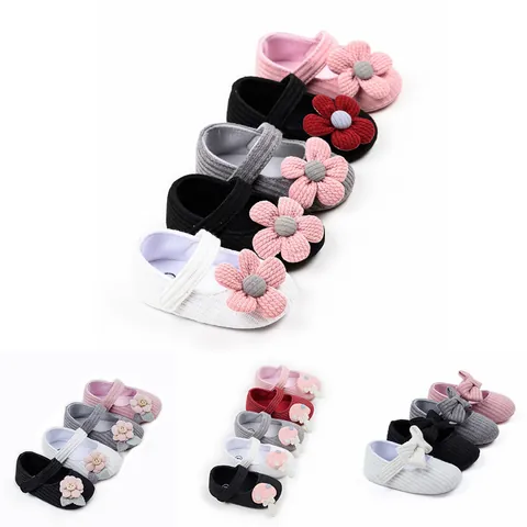 Baby Girl Princess Shoes Soft Sole First Walkers Canvas Flower Bow Knitted Design Infant Toddler Anti-slip Autumn Shoes