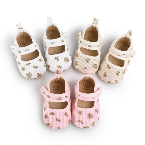 Baby Girls Soft Sole Princess Mary Jane Shoes Infant Heart Print Non-Slip First Walkers Cotton Fabric Heart Pattern Hook-and-Loop Toddler Shoes