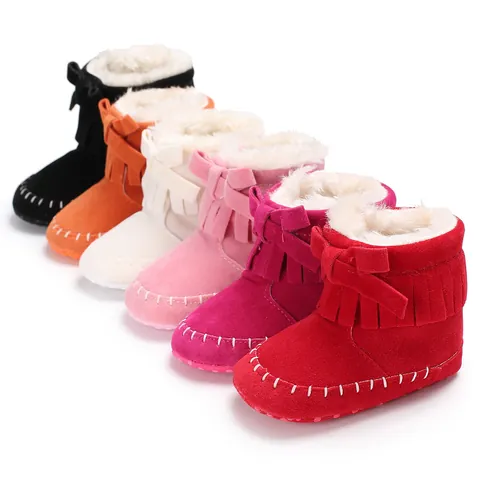 Infant Baby Winter Warm Snow Boots Fabric Faux Suede Fringes Bow Soft Sole Prewalker Shoes For Toddler Boys Girls