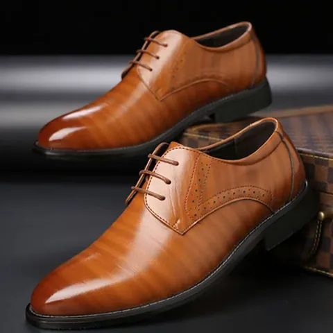 Men British Style Pointed Toe Business Casual Leather Shoes Lace Up Brogue Synthetic Leather Formal Dress Shoes For Office