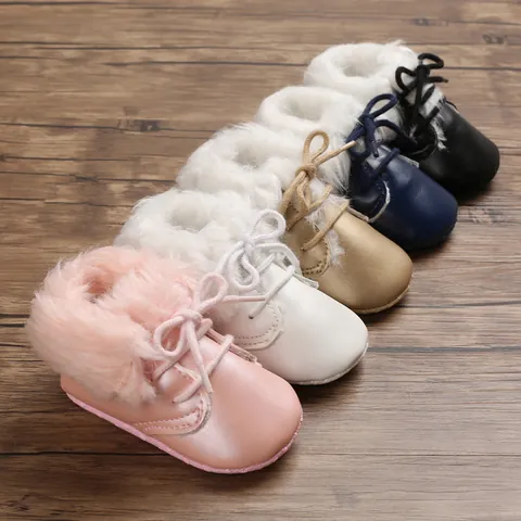 Winter Warm Baby Lauflernschuhe Weiche Sohle Künstliches PU Leder Pelzstiefel Rutschfeste Schnürstiefel Für Neugeborene