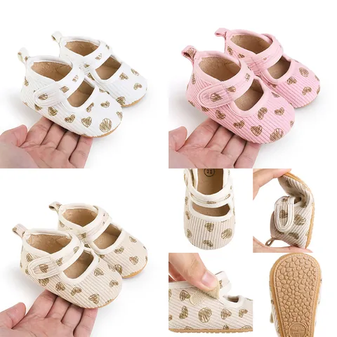 Baby Girls Soft Sole Princess Mary Jane Shoes Infant Heart Print Non-Slip First Walkers Cotton Fabric Heart Pattern Hook-and-Loop Toddler Shoes