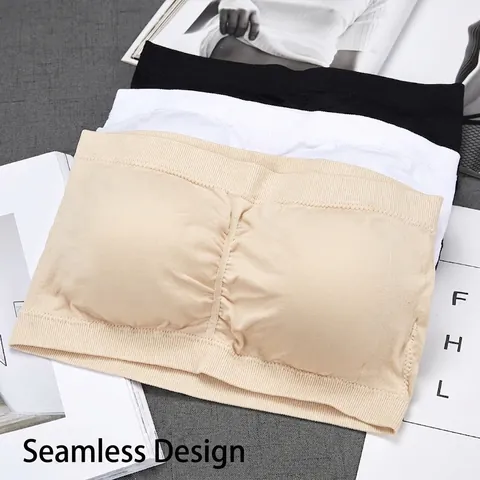 Women's Seamless Strapless Bandeau Bra Ribbed Texture Invisible Tube Top With Breast Pads Comfortable Stretch Lingerie For Daily Underwear