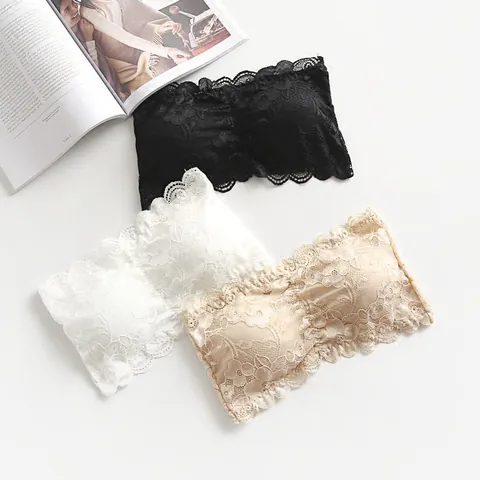 Women Sexy Floral Lace Bandeau Bra Padded Push Up Anti Glare Strapless Lingerie Top With Three Row Hook-And-Eye Closure