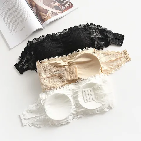 Women Sexy Floral Lace Bandeau Bra Padded Push Up Anti Glare Strapless Lingerie Top With Three Row Hook-And-Eye Closure
