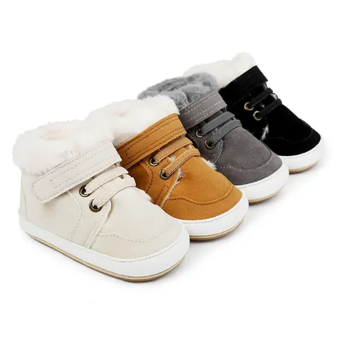 Winter Baby Boy Walker Shoes Warm Faux Fur Lined Cotton Prewalker Shoes Non-slip Soft Sole Velcro Newborn Infancy Casual Shoes