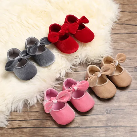 Baby Girls Bow Princess First Walker Shoes Soft Sole Anti-Slip Infant Crib Toddler Shoes Cotton Fabric Velvet Look Red