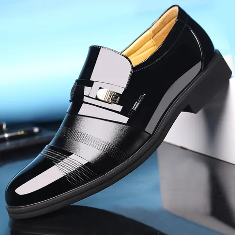 Men Business Formal Leather Shoes Height Increasing Breathable Shiny Patent Hollow-out Lace-up Office Dress Shoes