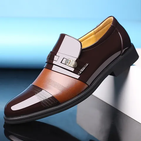 Men Business Formal Leather Shoes Height Increasing Breathable Shiny Patent Hollow-out Lace-up Office Dress Shoes