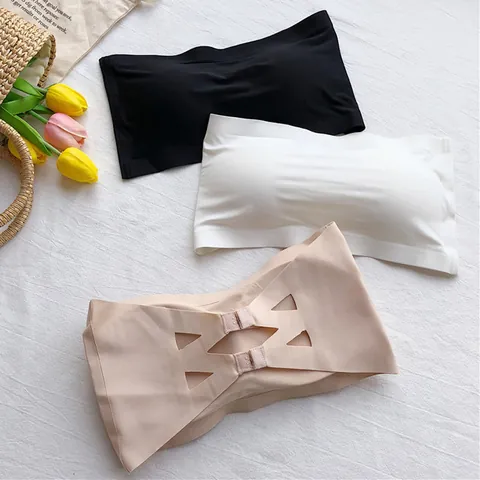 Women Ice Silk Seamless Strapless Bandeau Bra Triple Row Buckle Anti Exposure Breathable Comfortable Nude Black White Tube Top