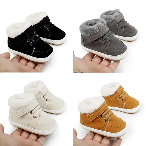 Winter Baby Boy Walker Shoes Warm Faux Fur Lined Cotton Prewalker Shoes Non-slip Soft Sole Velcro Newborn Infancy Casual Shoes