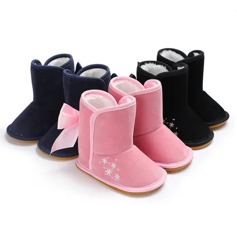 Baby Girl Winter Snow Boots Fabric Faux Fur Lined Warm Prewalker Shoes Non-Slip Soft Sole With Bow Snowflake Embroidery