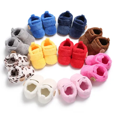 Winter Baby Plush Soft Sole Walkers Infant Warm Fleece Pre-walker Shoes With Wooden Button Velcro For Newborn Toddler Boys Girls