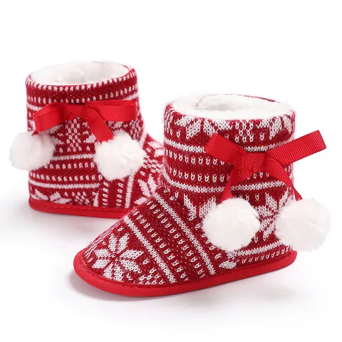 Christmas Baby Snow Boots Winter Warm Infant Toddler First Walkers Santa Claus Reindeer Elf Style Soft Sole Pompom Shoes