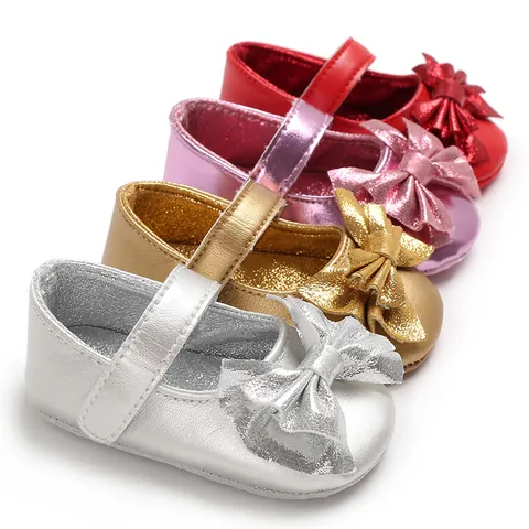 Infant Baby Girls Bowknot Princess First Walker Shoes Metallic PU Leather Soft Sole Anti-Slip Mary Jane Bow Crib Shoes