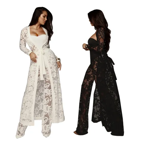 Sexy Lace Three Piece Set Women Long Cardigan Tube Top And Wide Leg Pants Solid Color Hollow Out Top And Bottom Outfits