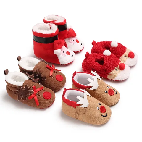 Christmas Baby Shoes Soft Sole First Walkers Reindeer Santa Claus Winter Warm Fleece Anti-Slip Infant Toddler Booties Gift