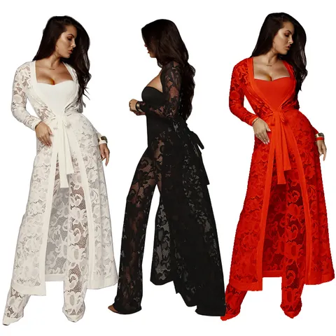 Sexy Lace Three Piece Set Women Long Cardigan Tube Top And Wide Leg Pants Solid Color Hollow Out Top And Bottom Outfits
