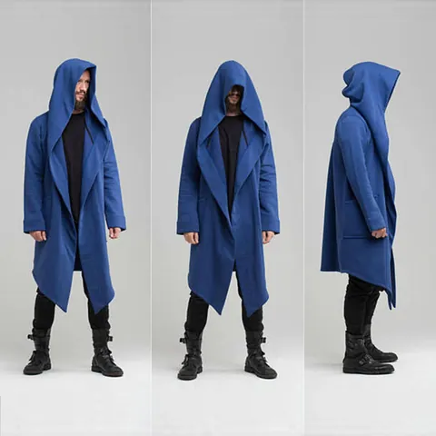 Men's European Style Hooded Long Cardigan Fleece Thickened Coat Solid Color Streetwear Outerwear For Autumn Winter