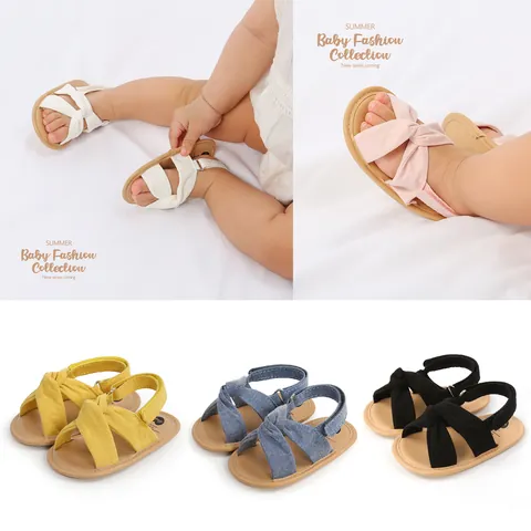 Summer Baby Cotton Sandals Cross Strap Bowknot Pre-walker Shoes Infant Soft Sole Anti-slip Sandals For Toddler Girls