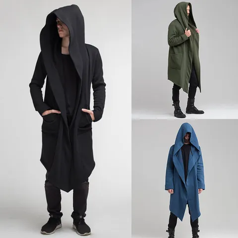 Men's European Style Hooded Long Cardigan Fleece Thickened Coat Solid Color Streetwear Outerwear For Autumn Winter