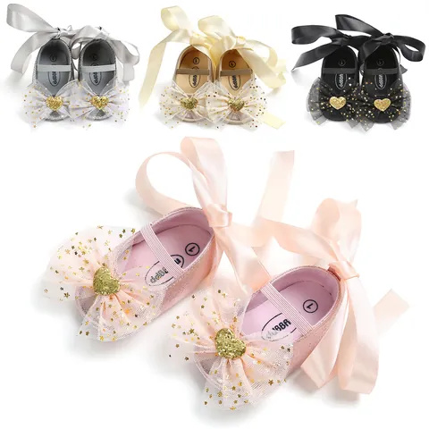 Infant Baby Girls Princess Shoes Glitter Synthetic Leather Mesh Bowknot Satin Ribbon Tie Soft Sole First Walker Shoes