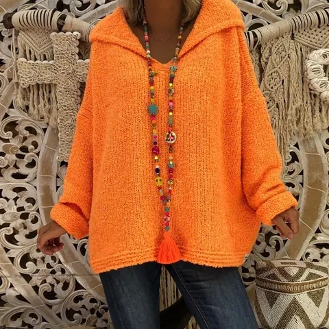 Suéter de Punto Grueso Informal para Mujer con Capucha Pullover Oversize Cuello en V Color Sólido Manga Larga Suéter Cálido Moda Punto Holgado