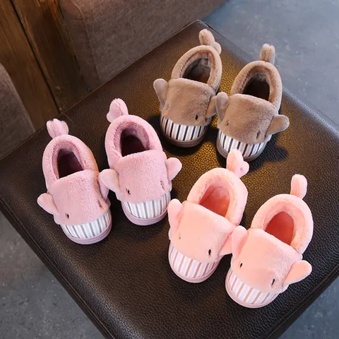 Toddler Kids Winter Warm Cotton Slippers Cute Cartoon Shark Plush House Shoes Non-Slip Soft Sole Full Back Covered Indoor Footwear