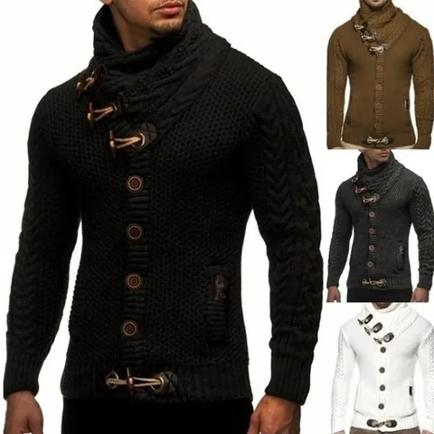 Suéter de Punto de Ocho para Hombre Cuello Alto Cárdigan con Botones de Trenca Cálido Grueso Invierno Casual Top